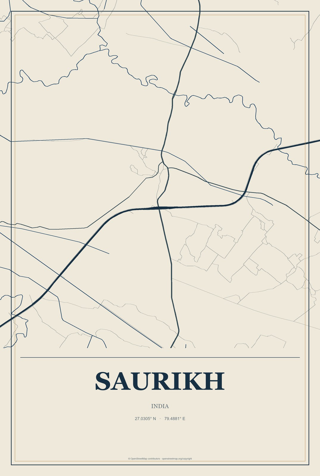 Saurikh, India City Map Aluminum Sign in Coastal Cutout style