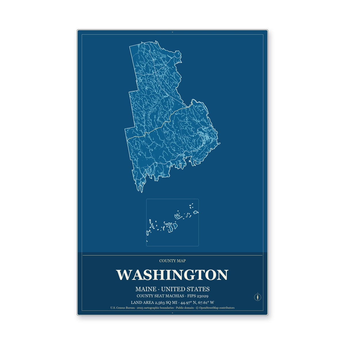 Washington County, Maine Map Aluminum Sign in Harbor Cobalt style