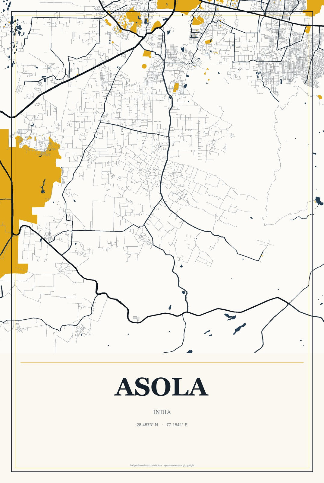Asola, India City Map Aluminum Sign in Citrine Modern style