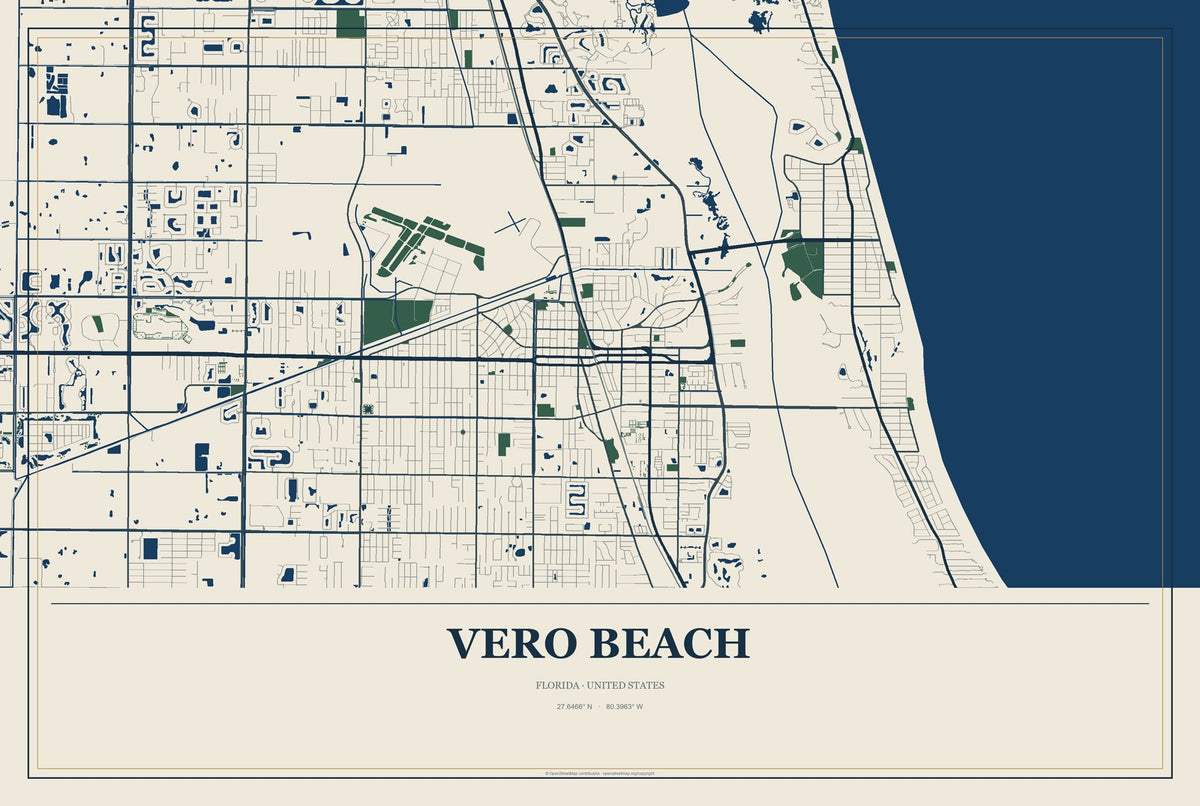 Vero Beach, Florida City Map Aluminum Sign in Coastal Cutout style