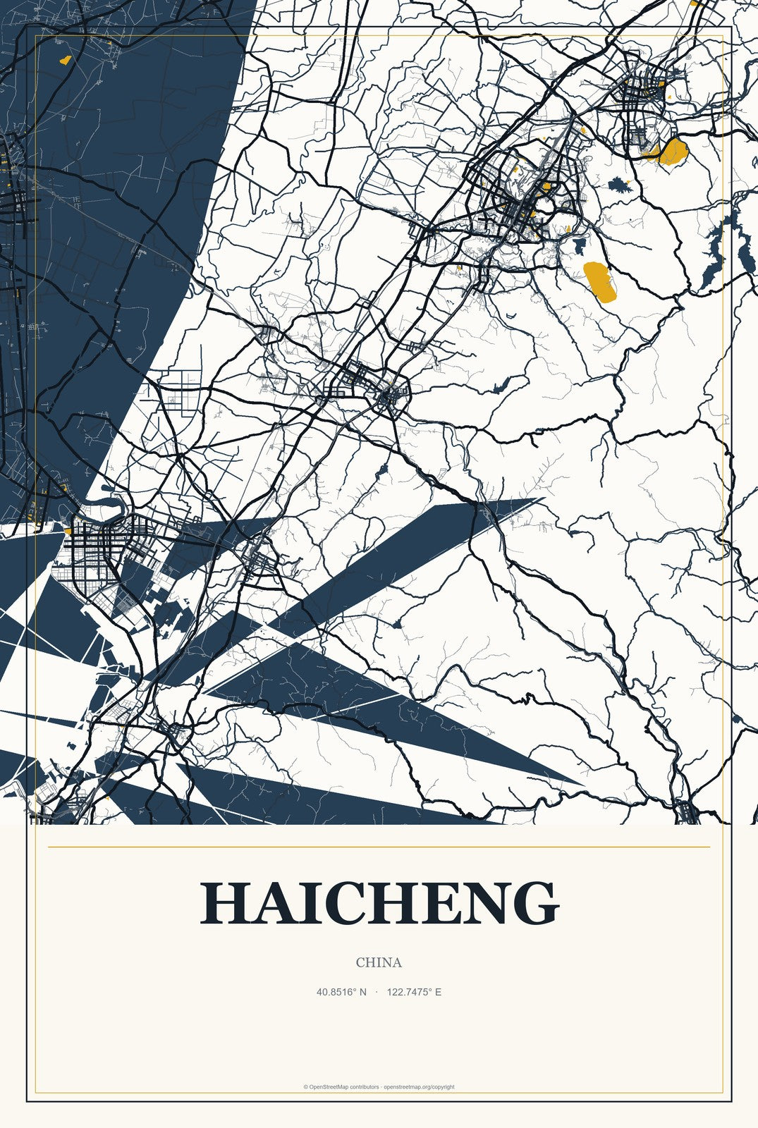 Haicheng, China City Map Aluminum Sign in Citrine Modern style
