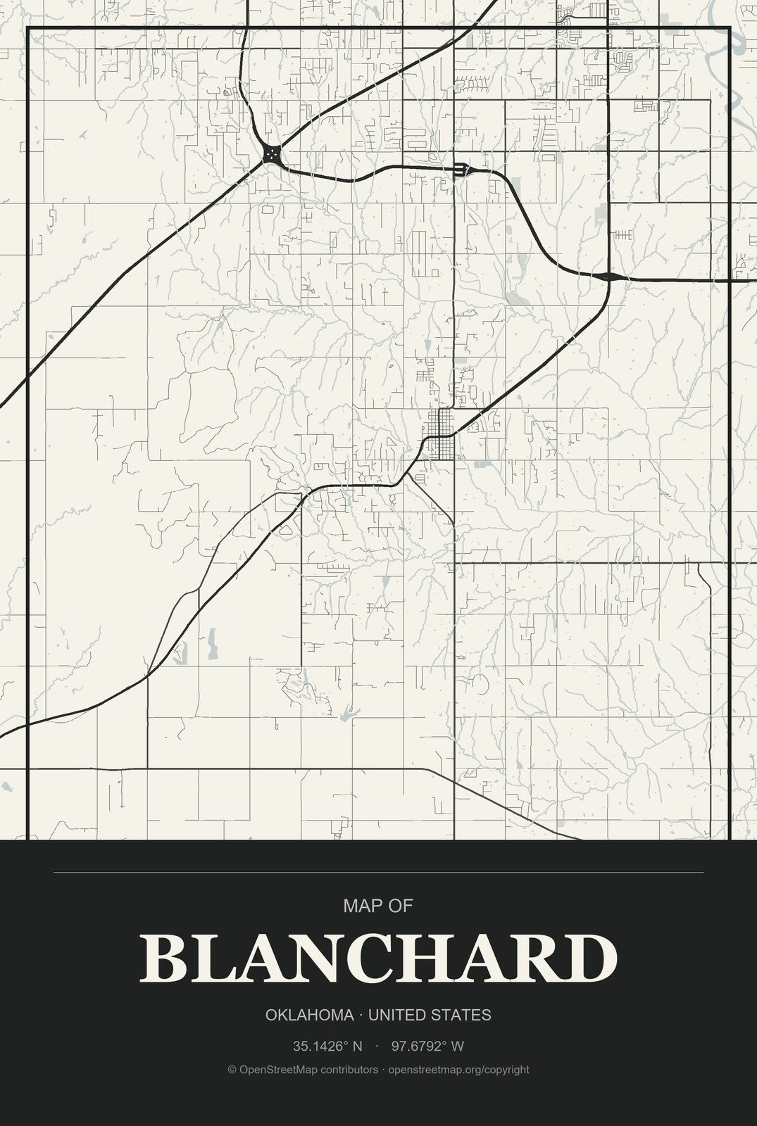 Blanchard, Oklahoma City Map Aluminum Sign in Museum Plaque style