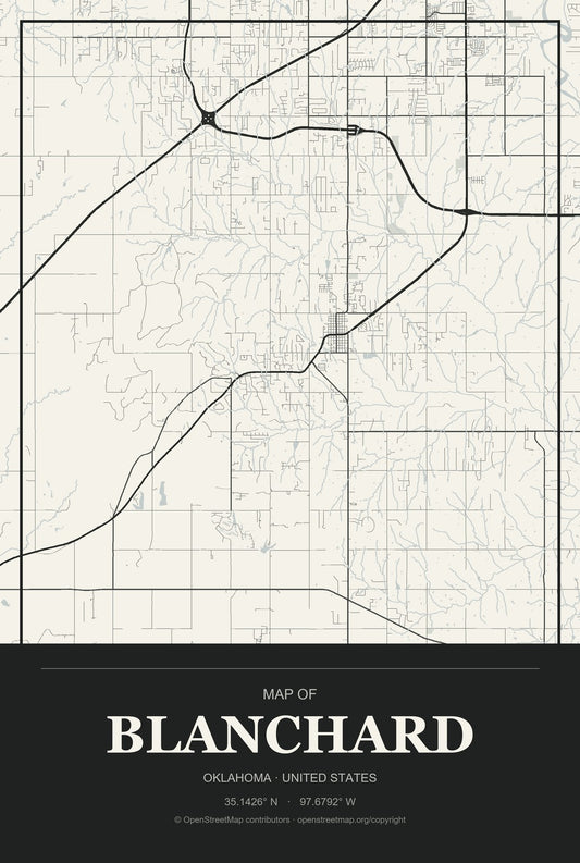 Blanchard, Oklahoma City Map Aluminum Sign in Museum Plaque style