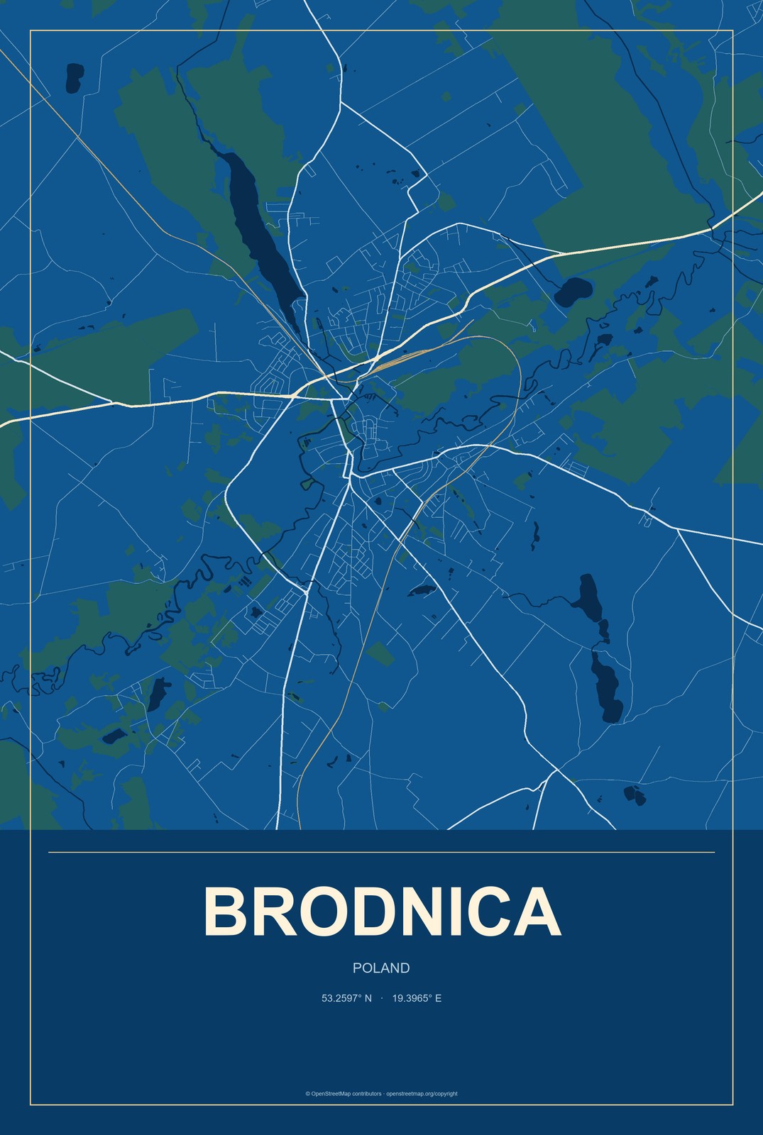 Brodnica, Poland City Map Aluminum Sign in Harbor Cobalt style