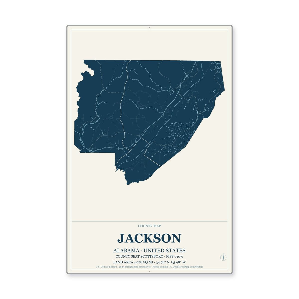 Jackson County, Alabama Map Aluminum Sign in Coastal Cutout style