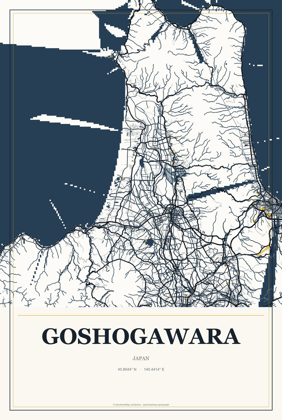 Goshogawara, Japan City Map Aluminum Sign in Citrine Modern style