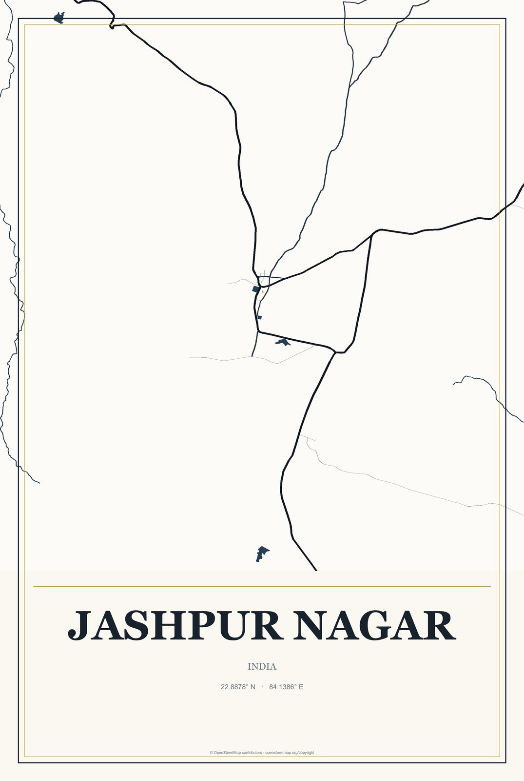 Jashpur Nagar, India City Map Aluminum Sign in Citrine Modern style