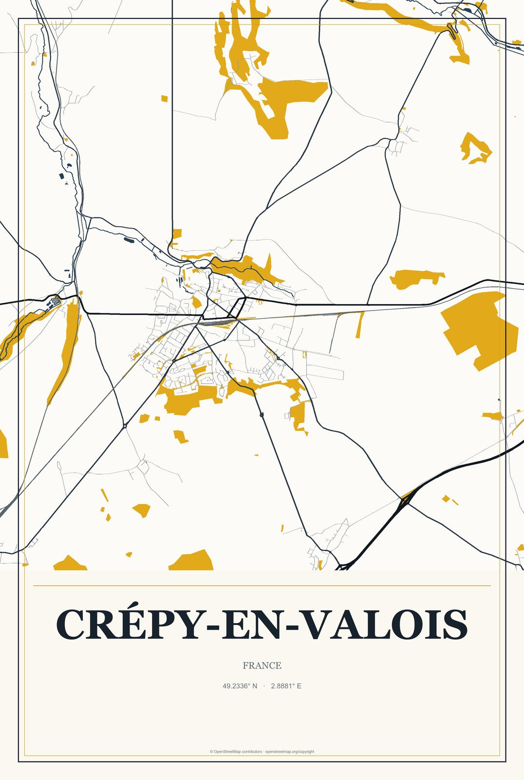 Crépy-en-Valois, France City Map Aluminum Sign in Citrine Modern style