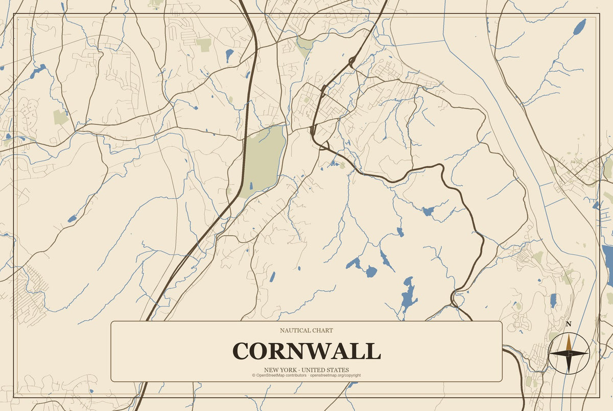 Cornwall, New York City Map Aluminum Sign in Heritage Nautical style