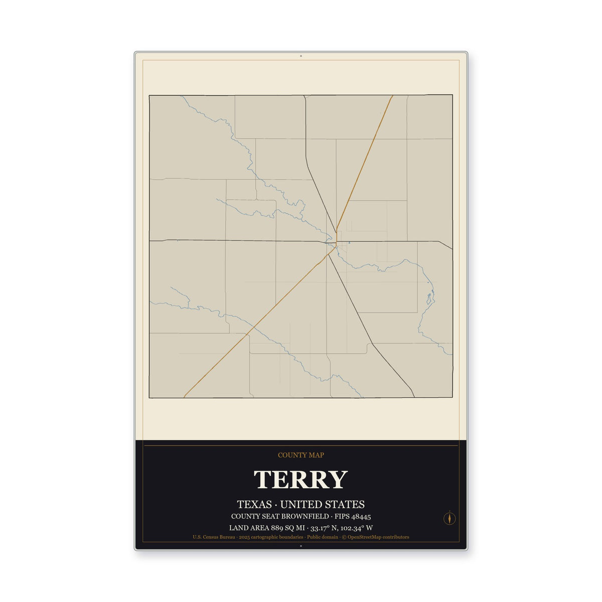 Terry County, Texas Map Aluminum Sign in Museum Plaque style