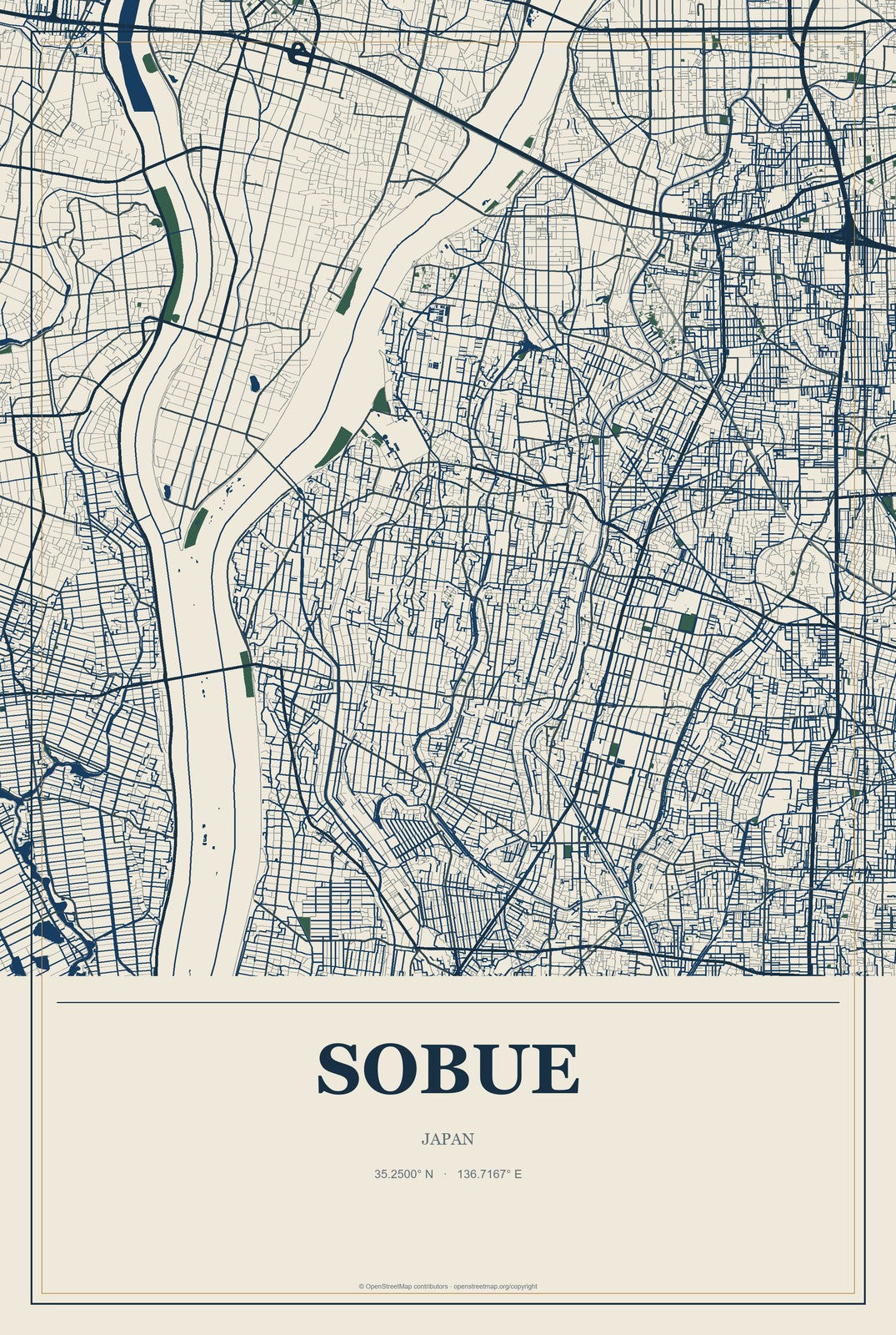 Sobue, Japan City Map Aluminum Sign in Coastal Cutout style