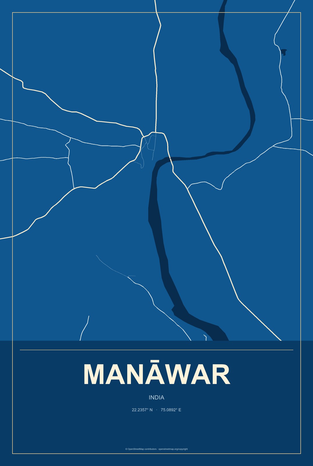 Manāwar, India City Map Aluminum Sign in Harbor Cobalt style