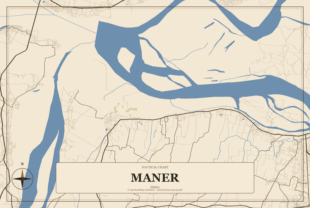 Maner, India City Map Aluminum Sign in Heritage Nautical style