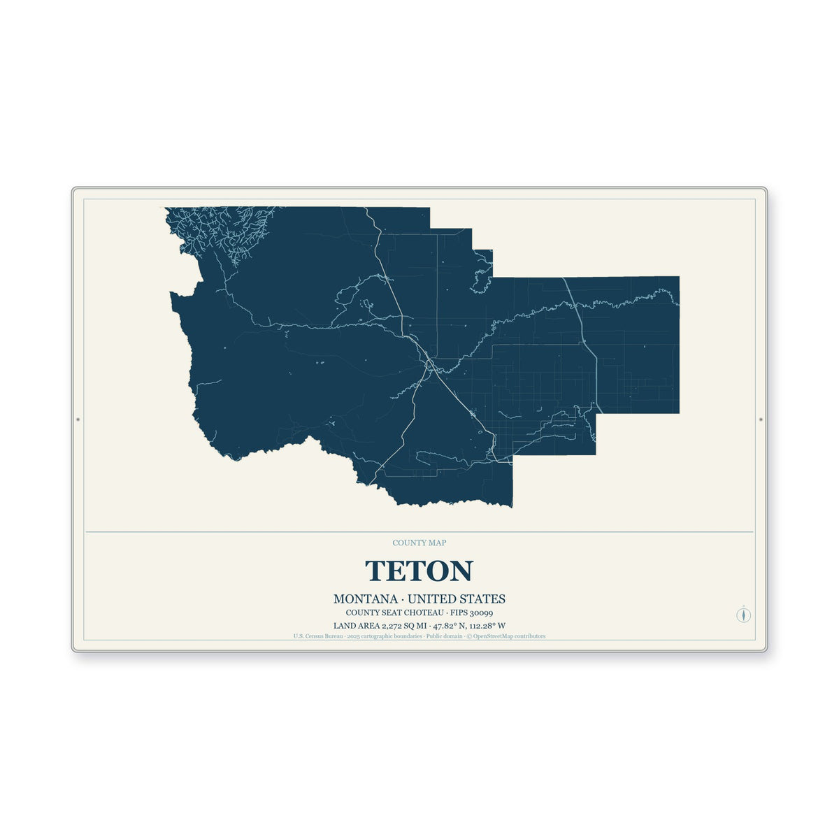 Teton County, Montana Map Aluminum Sign in Coastal Cutout style