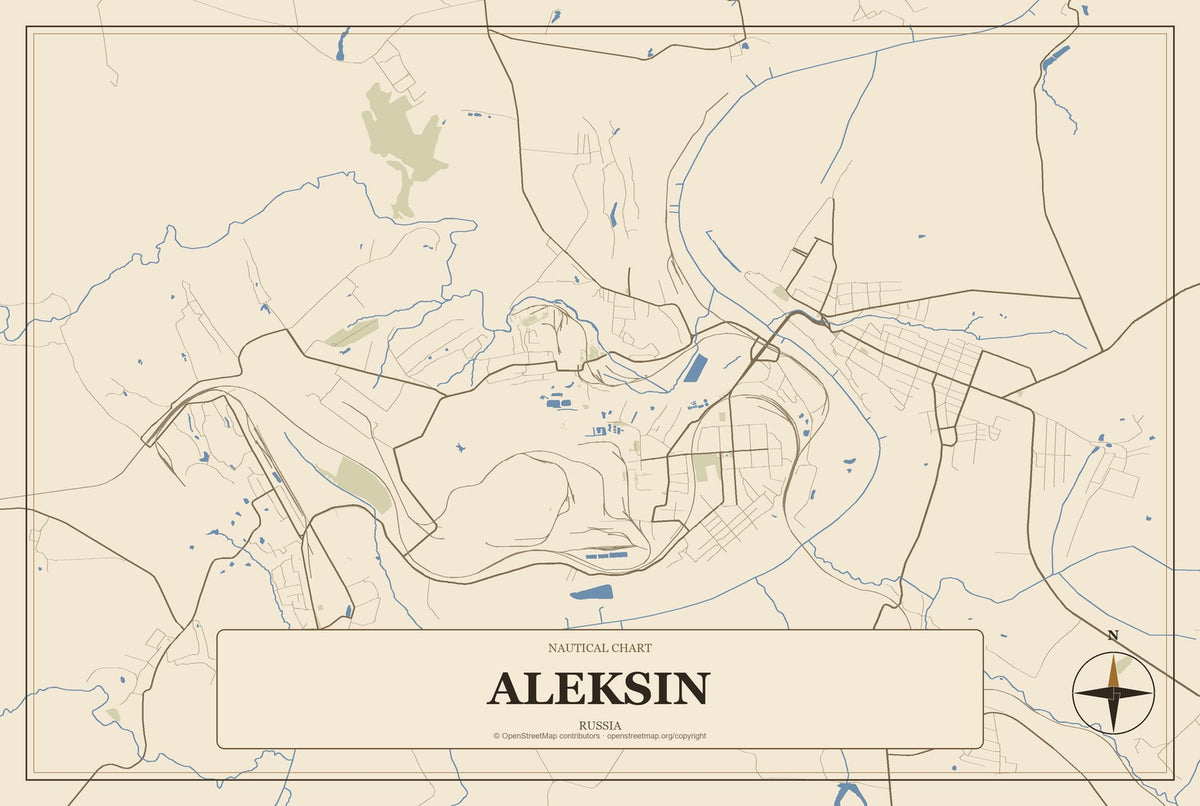 Aleksin, Russia City Map Aluminum Sign in Heritage Nautical style