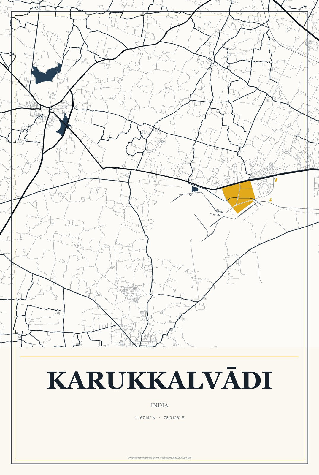 Karukkalvādi, India City Map Aluminum Sign in Citrine Modern style