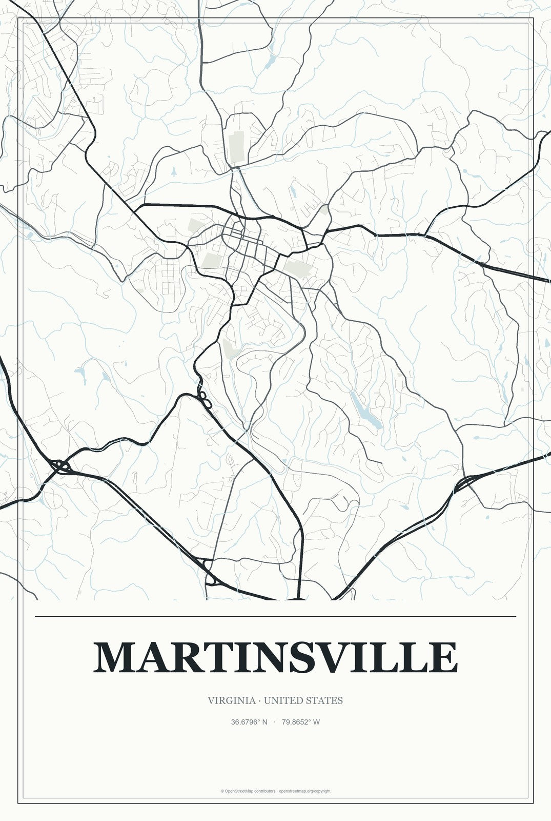 Martinsville, Virginia City Map Aluminum Sign in Gallery Air style