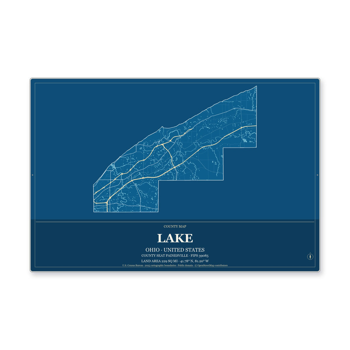 Lake County, Ohio Map Aluminum Sign in Harbor Cobalt style
