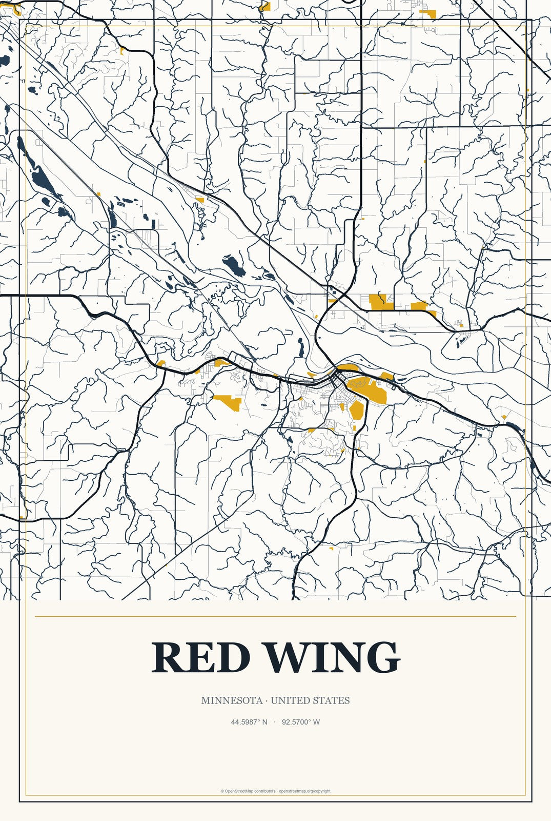 Red Wing, Minnesota City Map Aluminum Sign in Citrine Modern style