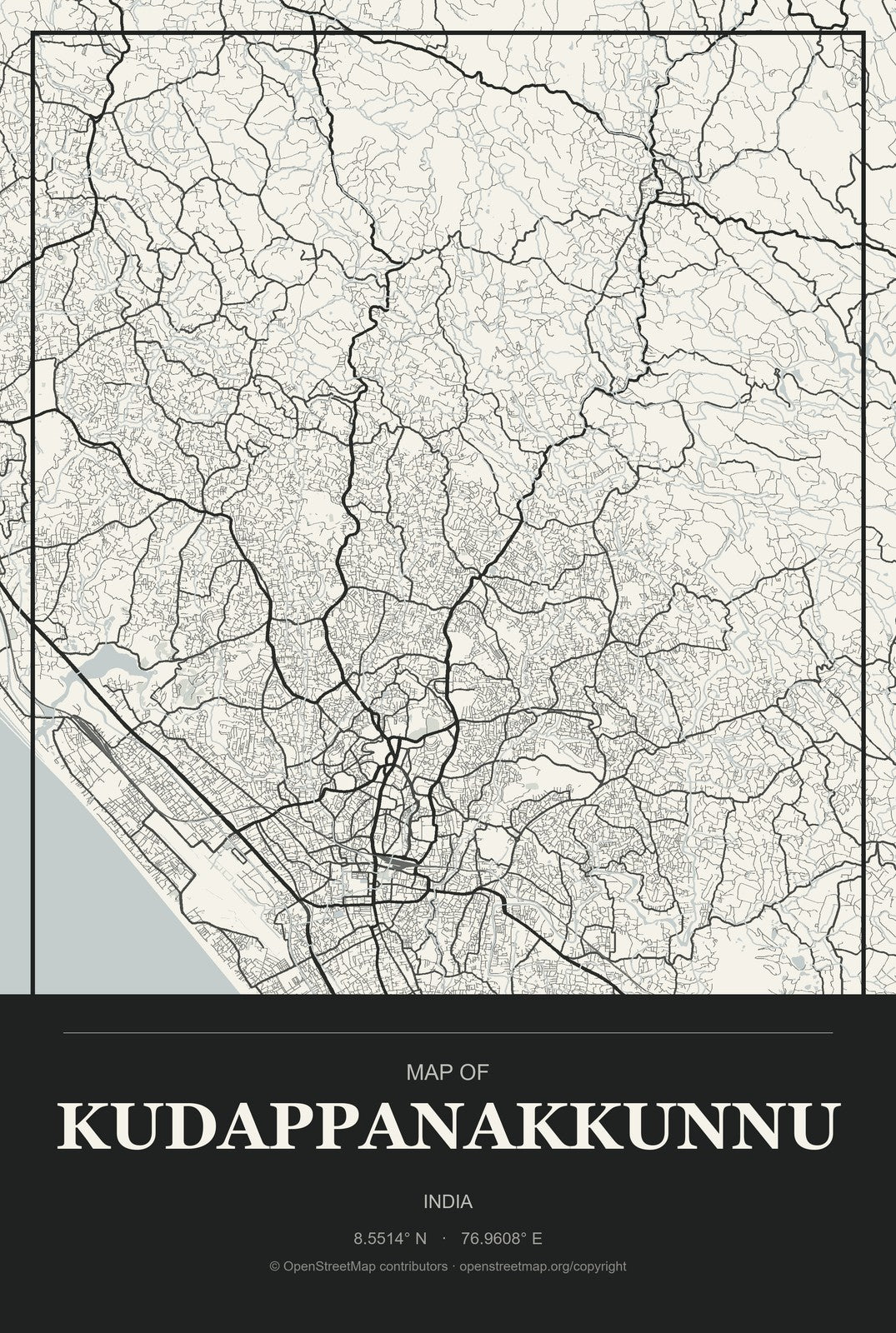 Kudappanakkunnu, India City Map Aluminum Sign in Museum Plaque style