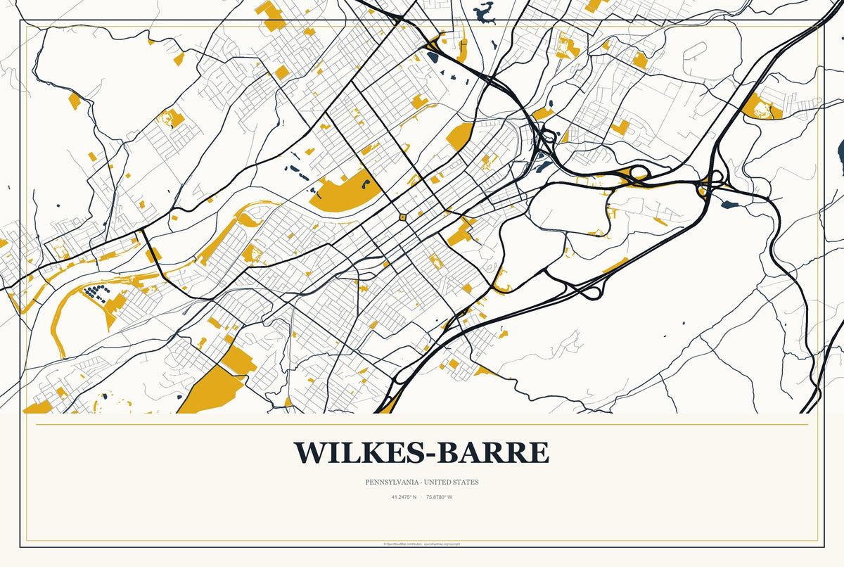Wilkes-Barre, Pennsylvania City Map Aluminum Sign in Citrine Modern style