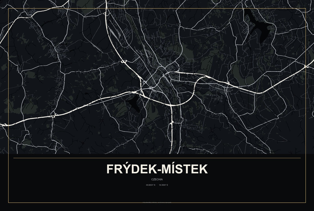 Frýdek-Místek, Czechia City Map Aluminum Sign in Metropolitan Noir style