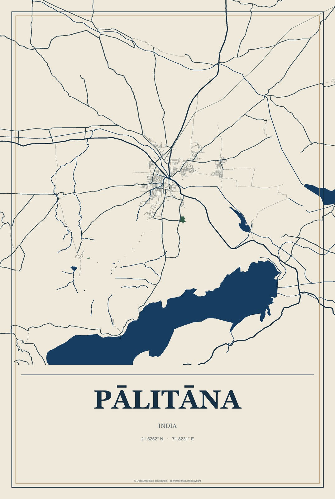Pālitāna, India City Map Aluminum Sign in Coastal Cutout style