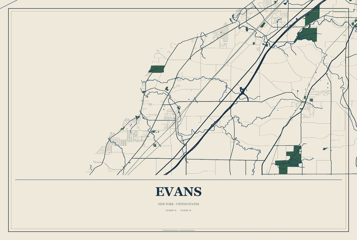 Evans, New York City Map Aluminum Sign in Coastal Cutout style