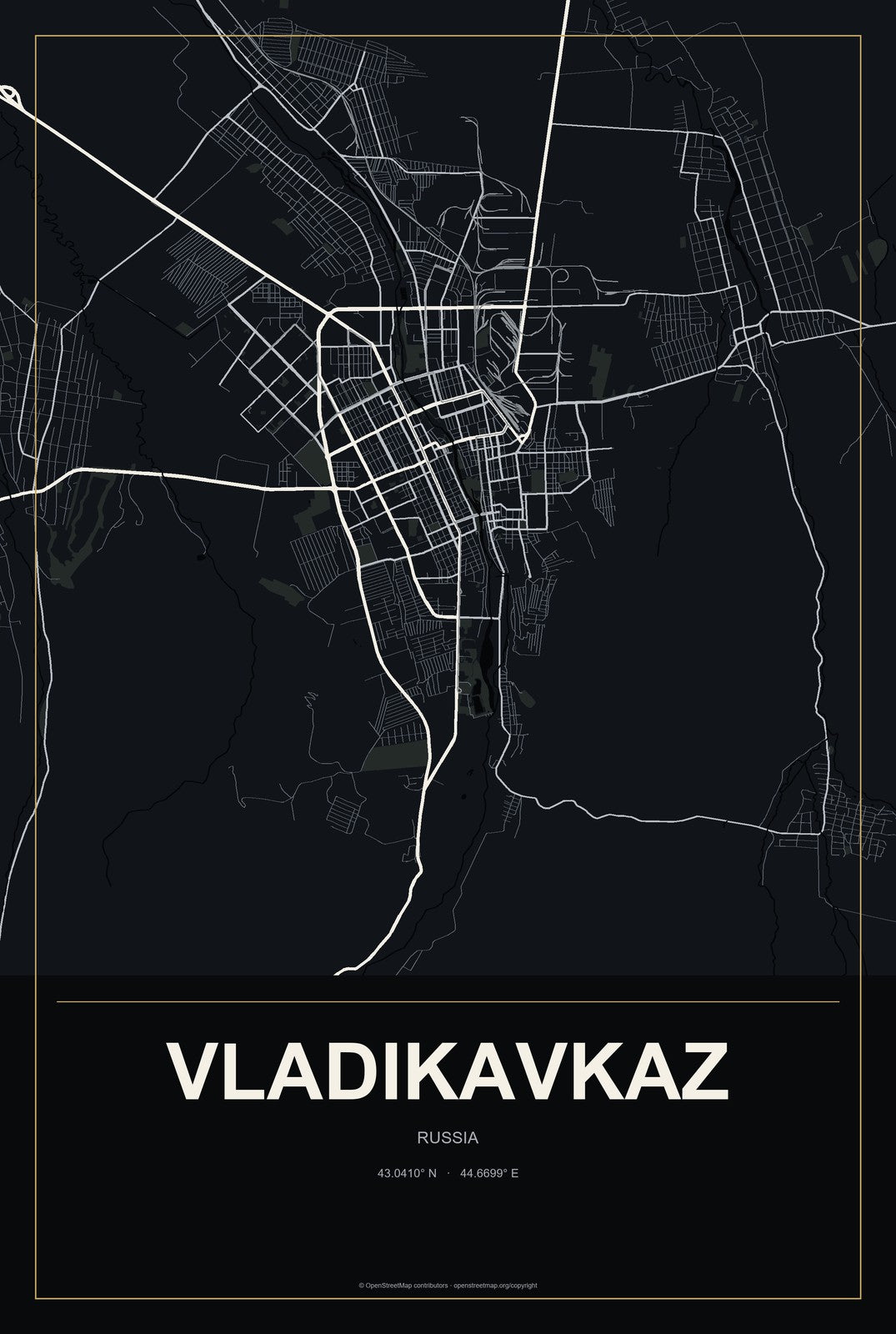Vladikavkaz, Russia City Map Aluminum Sign in Metropolitan Noir style