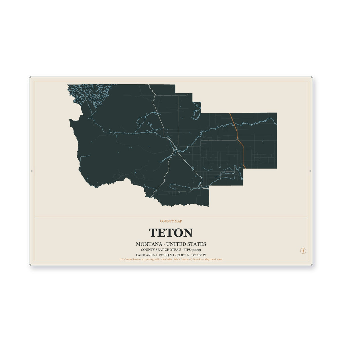 Teton County, Montana Map Aluminum Sign in Headline Atlas style