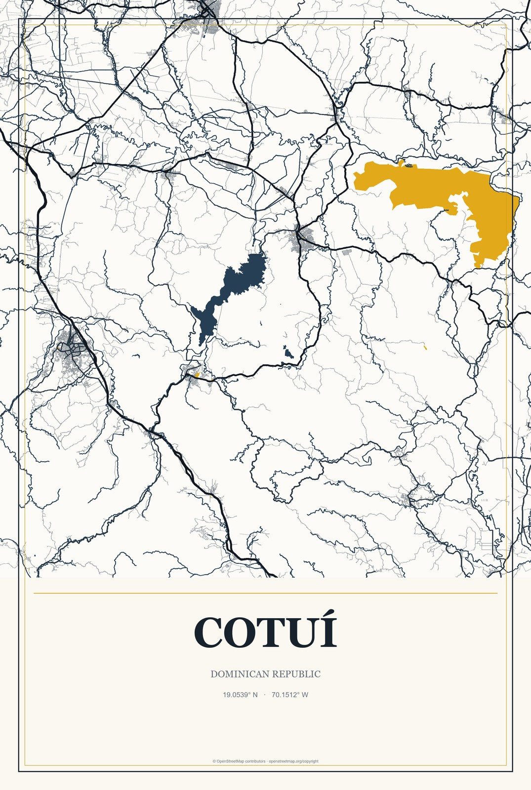 Cotuí, Dominican Republic City Map Aluminum Sign in Citrine Modern style
