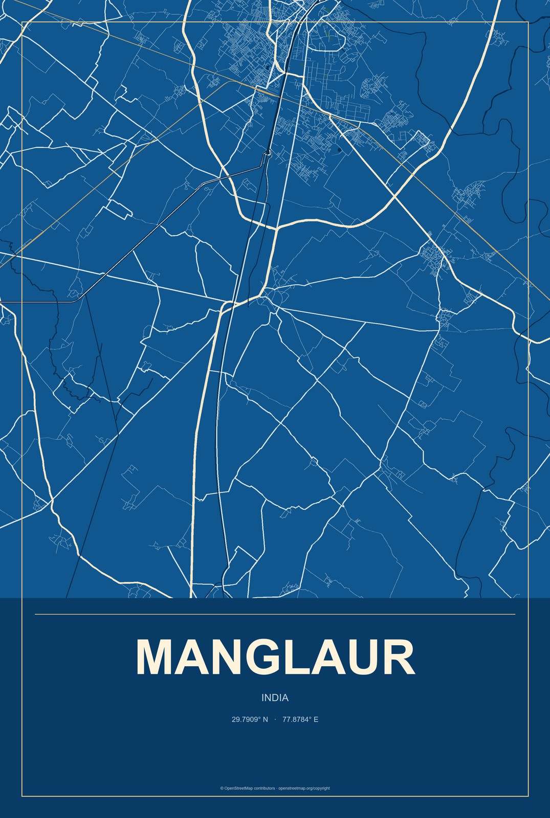 Manglaur, India City Map Aluminum Sign in Harbor Cobalt style