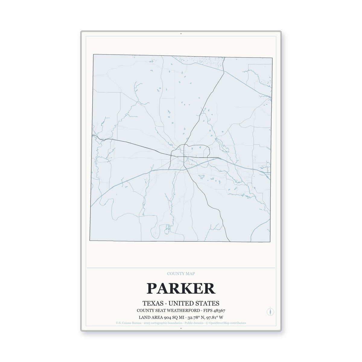 Parker County, Texas Map Aluminum Sign in Gallery Air style