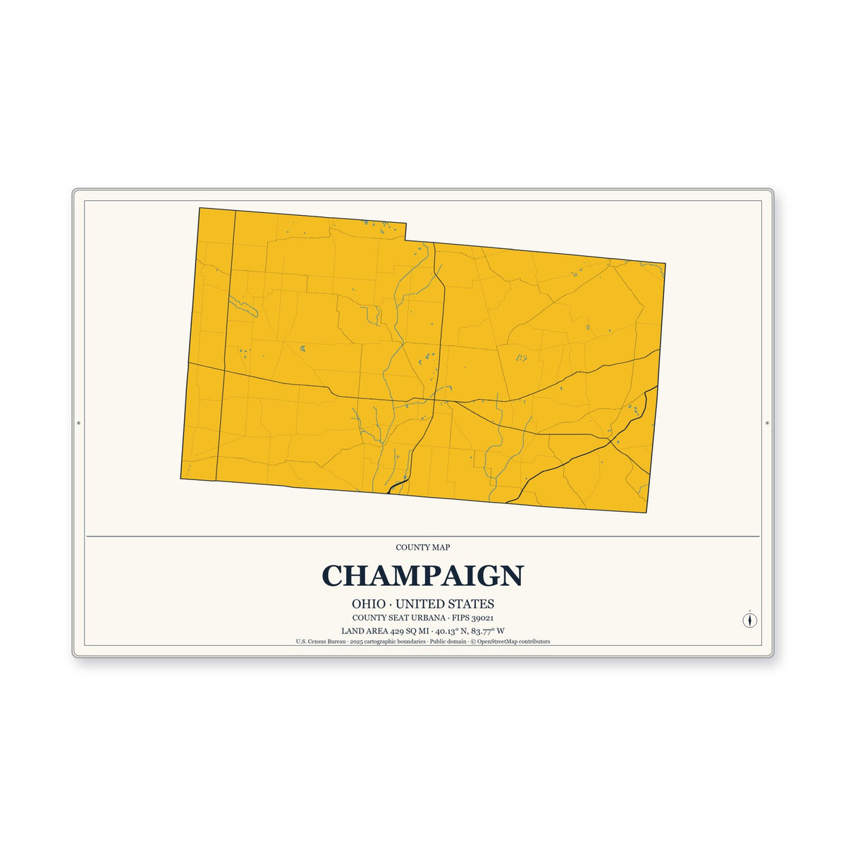 Champaign County, Ohio Map Aluminum Sign in Citrine Modern style
