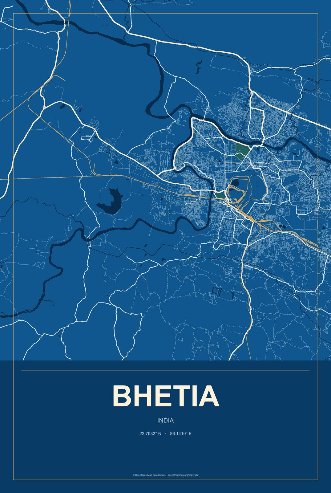 Bhetia, India City Map Aluminum Sign in Harbor Cobalt style