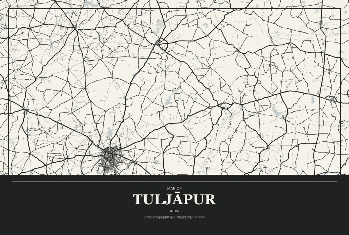 Tuljāpur, India City Map Aluminum Sign in Museum Plaque style