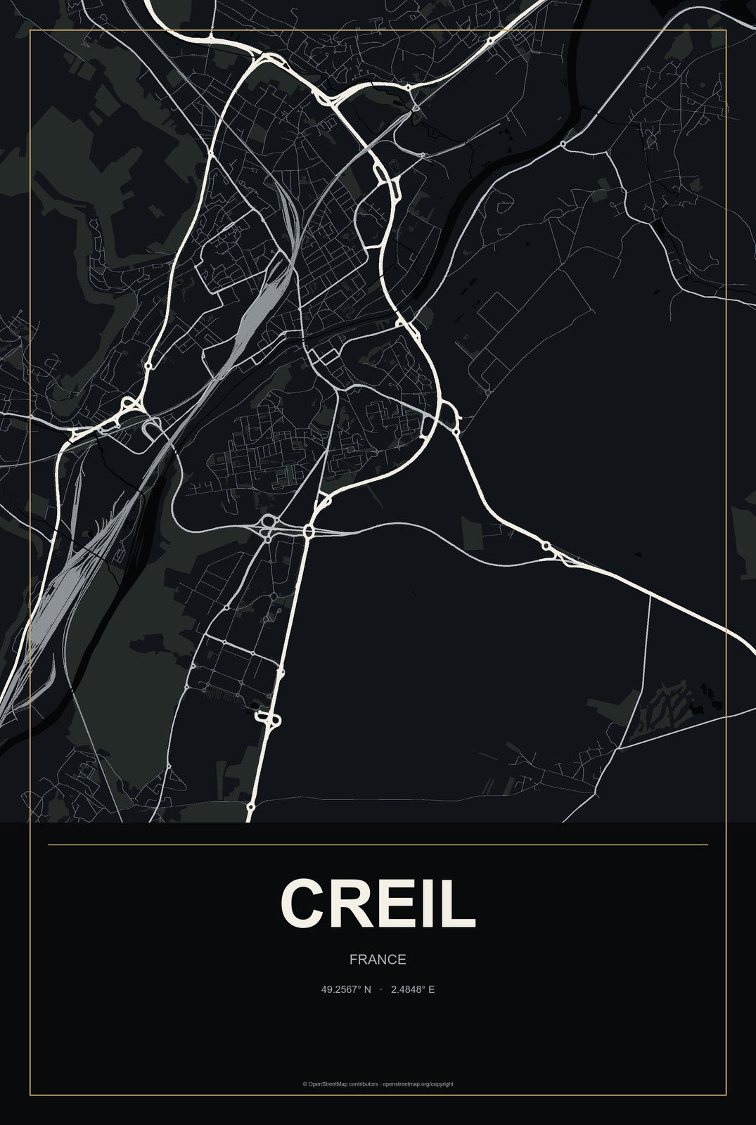 Creil, France City Map Aluminum Sign in Metropolitan Noir style