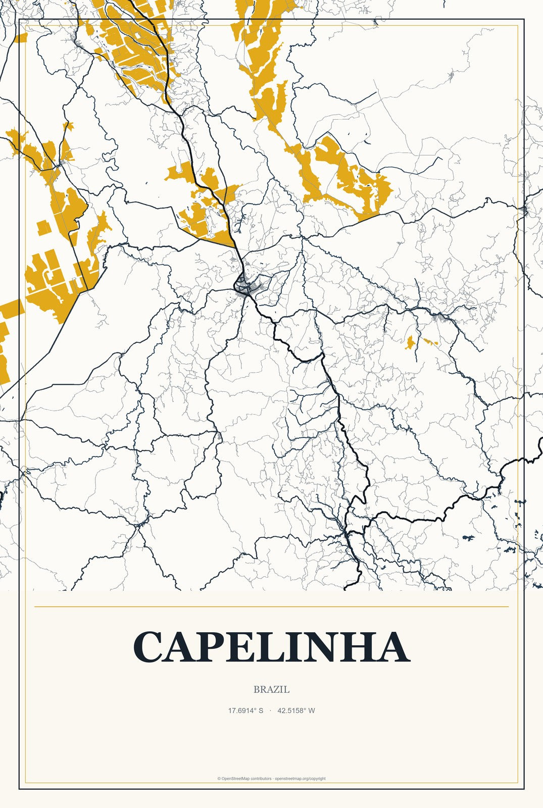 Capelinha, Brazil City Map Aluminum Sign in Citrine Modern style