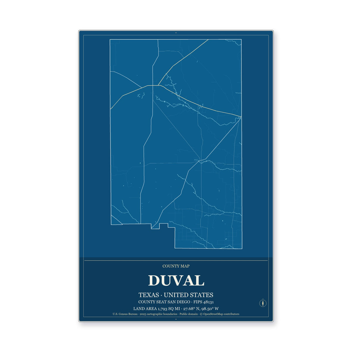 Duval County, Texas Map Aluminum Sign in Harbor Cobalt style