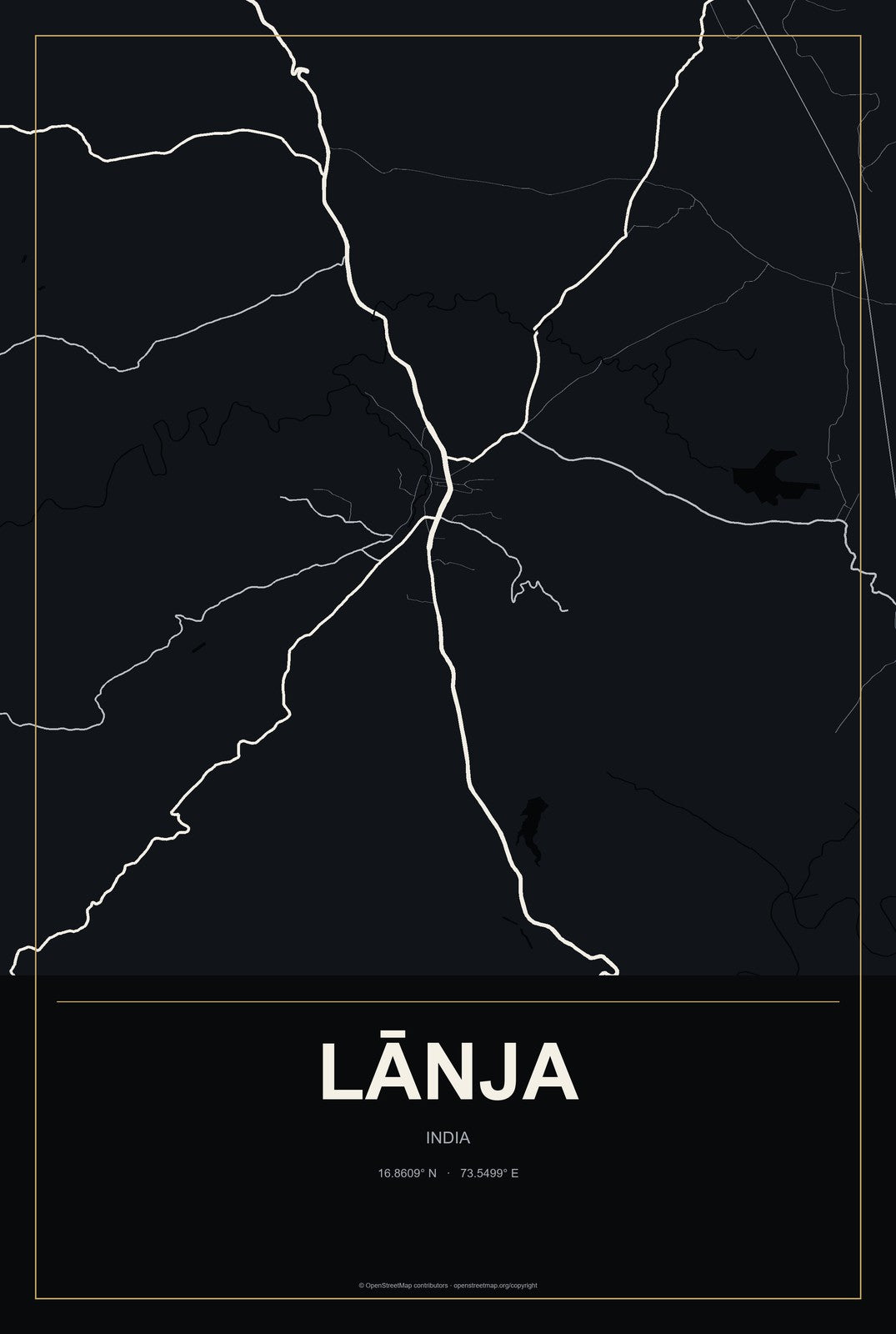Lānja, India City Map Aluminum Sign in Metropolitan Noir style
