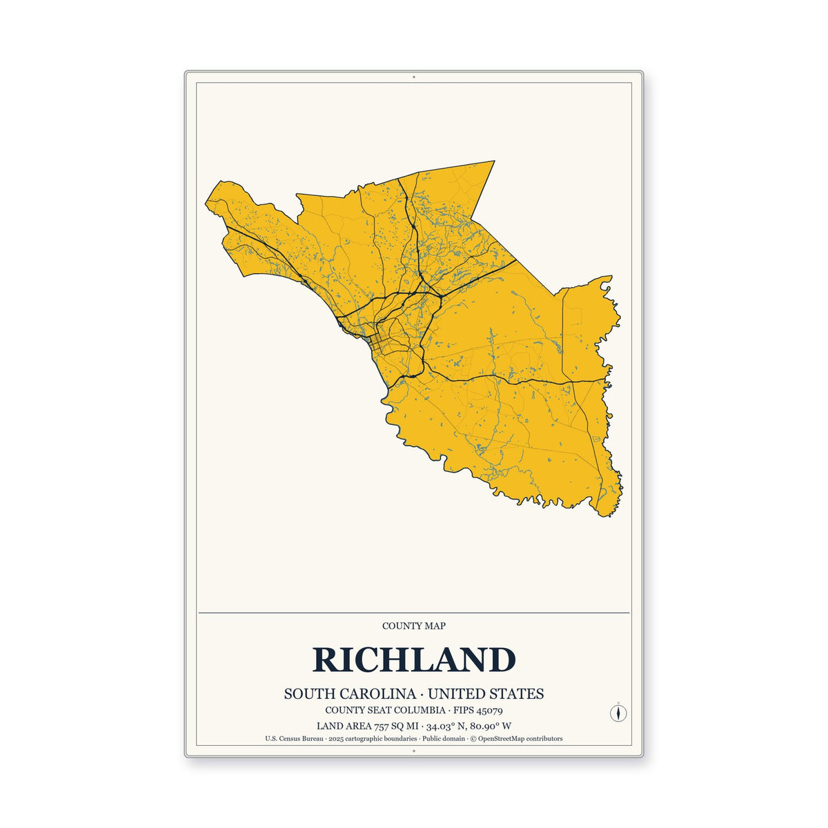 Richland County, South Carolina Map Aluminum Sign in Citrine Modern style