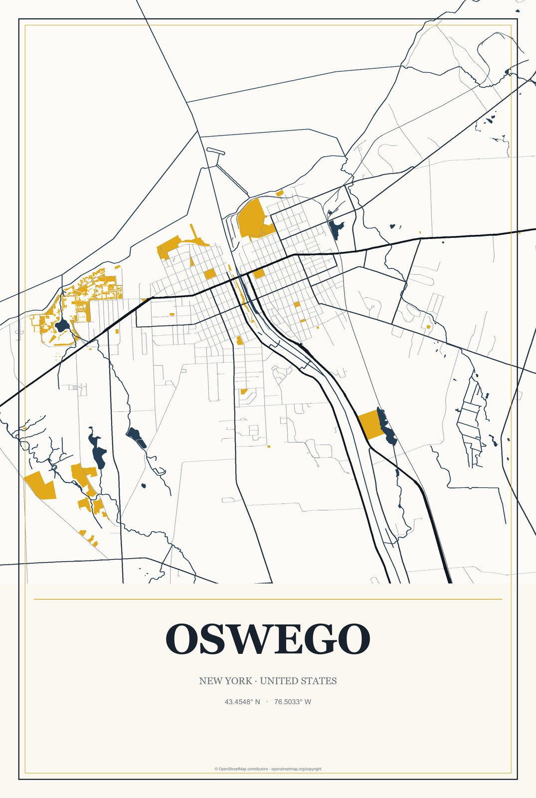 Oswego, New York City Map Aluminum Sign in Citrine Modern style