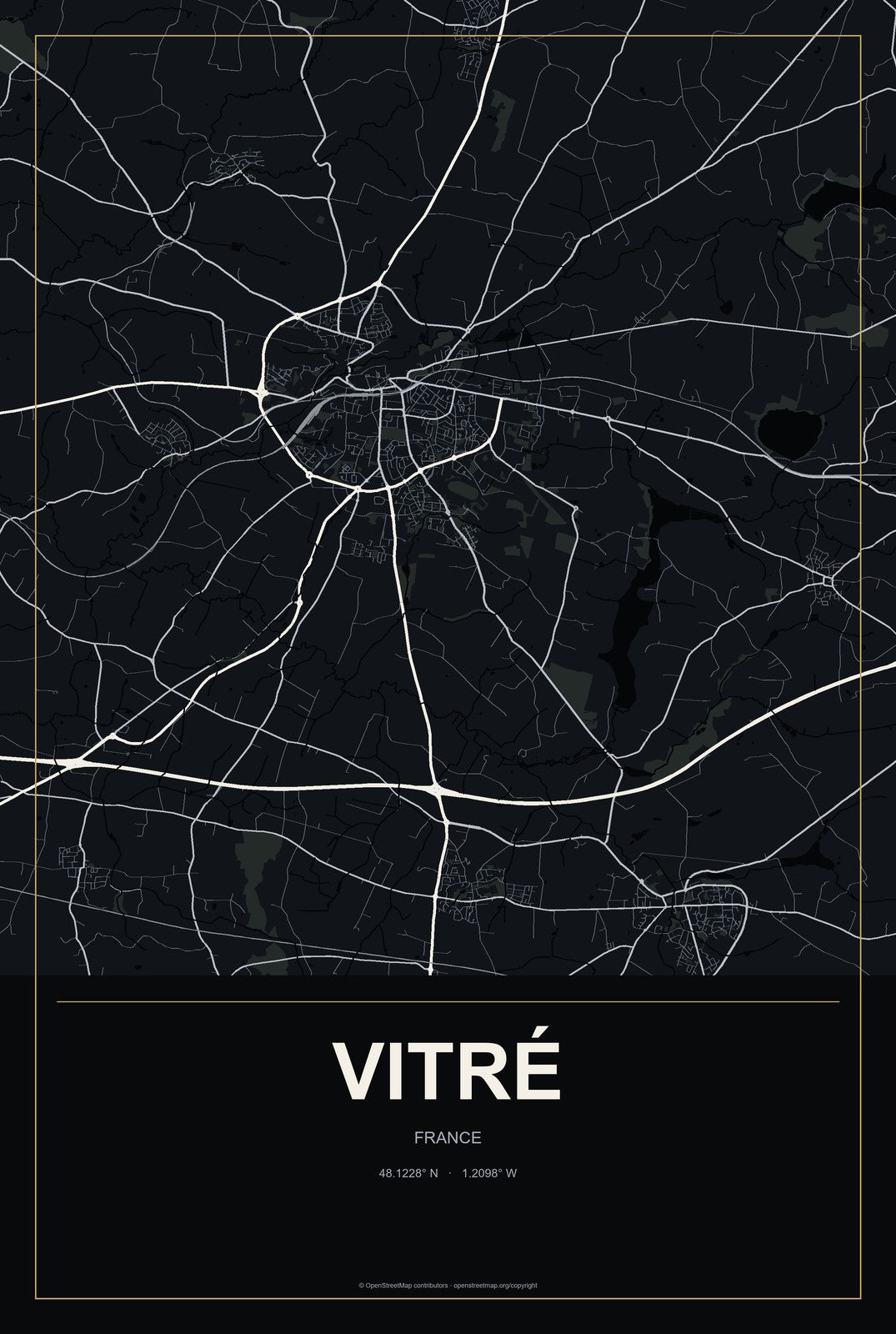 Vitré, France City Map Aluminum Sign in Metropolitan Noir style