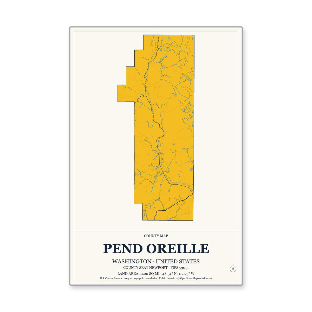 Pend Oreille County, Washington Map Aluminum Sign in Citrine Modern style