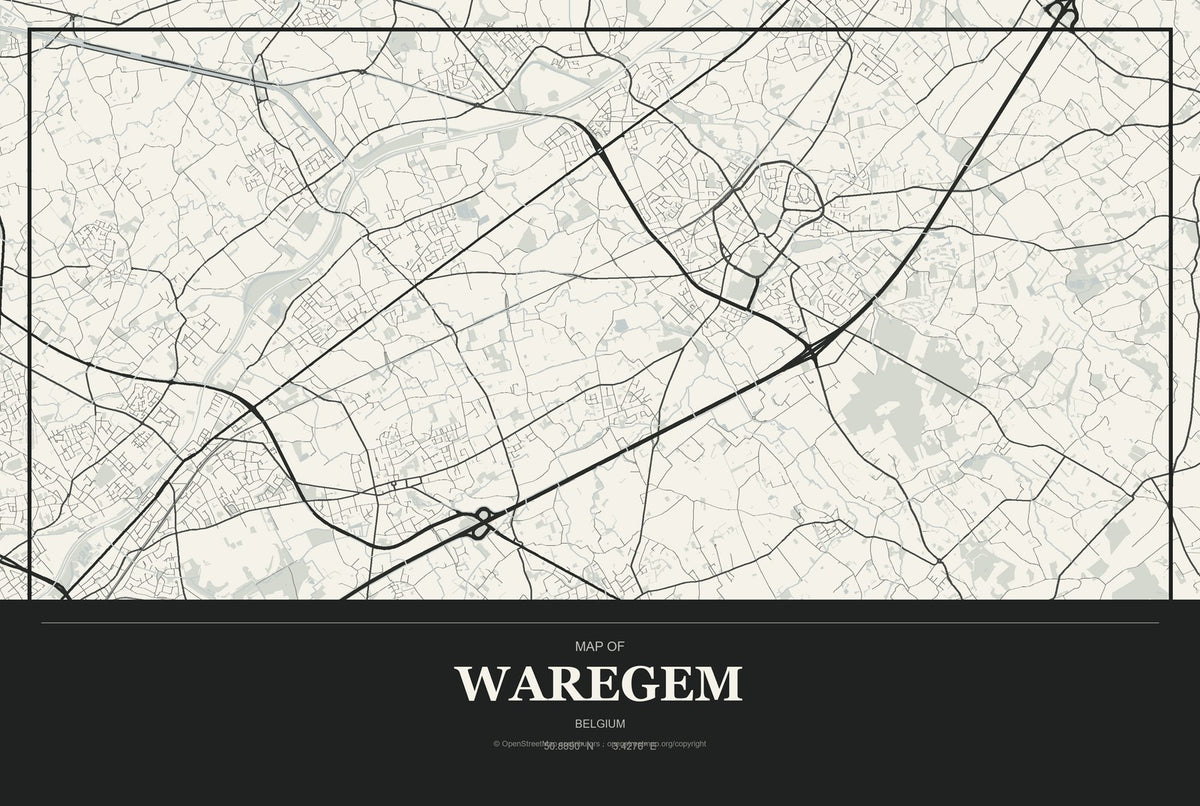 Waregem, Belgium City Map Aluminum Sign in Museum Plaque style