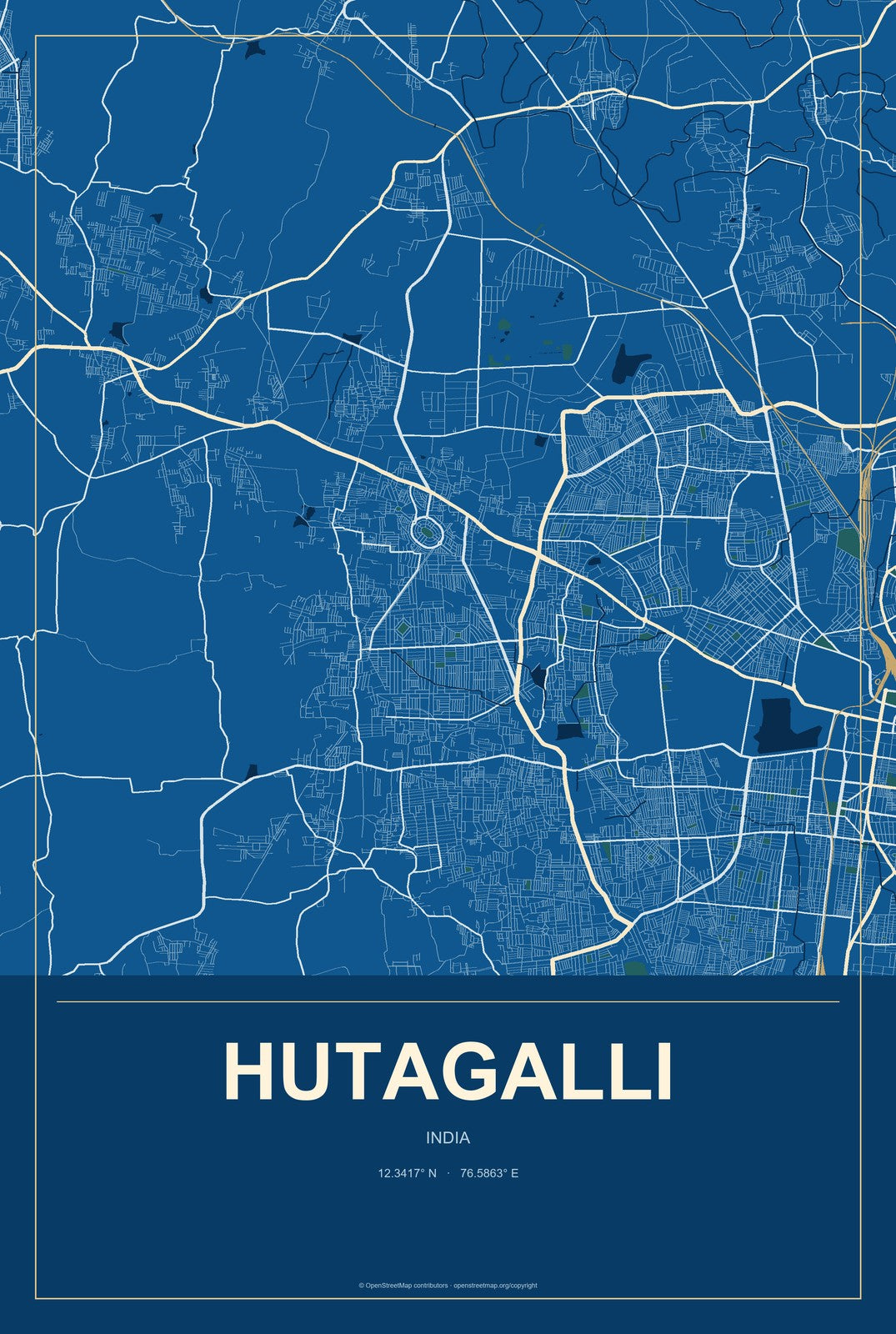 Hutagalli, India City Map Aluminum Sign in Harbor Cobalt style