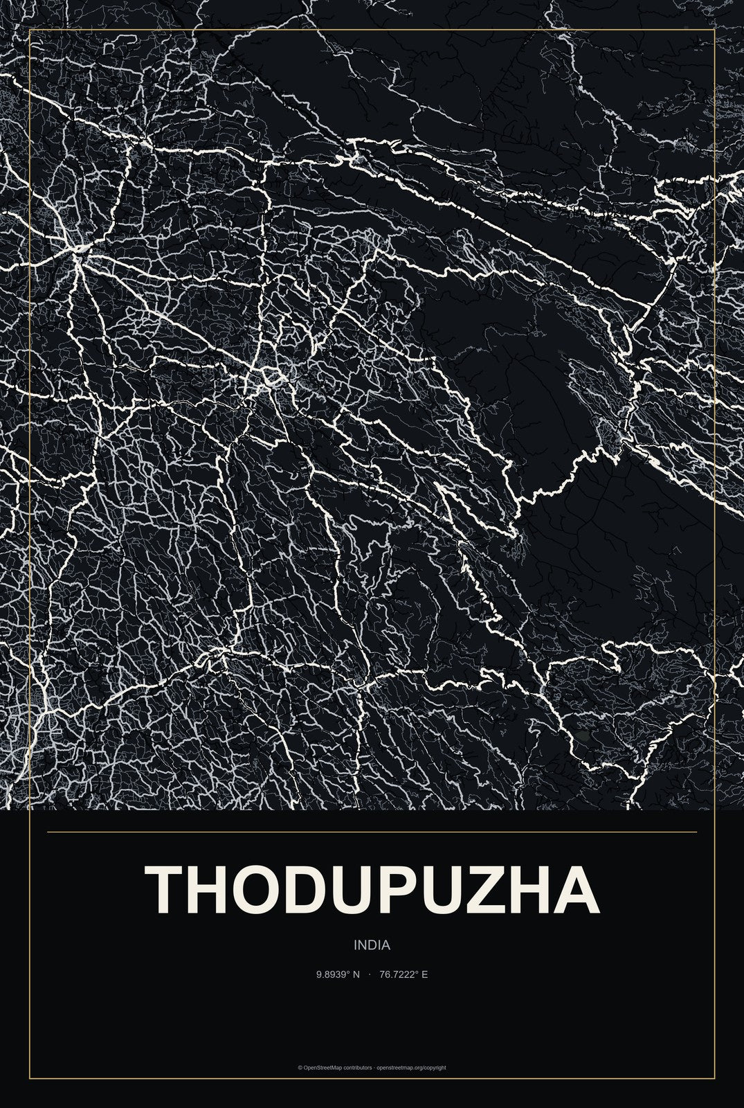 Thodupuzha, India City Map Aluminum Sign in Metropolitan Noir style
