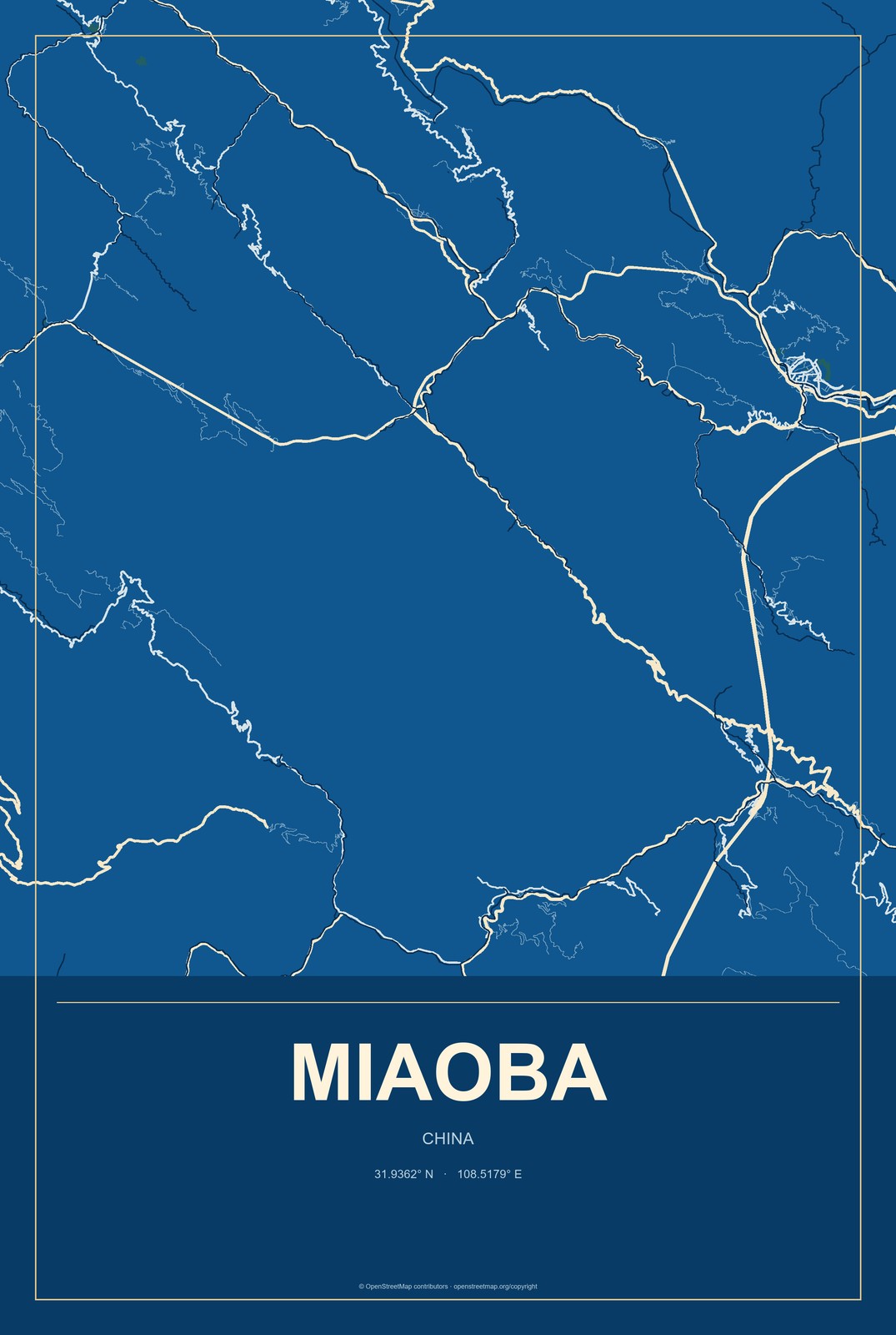 Miaoba, China City Map Aluminum Sign in Harbor Cobalt style