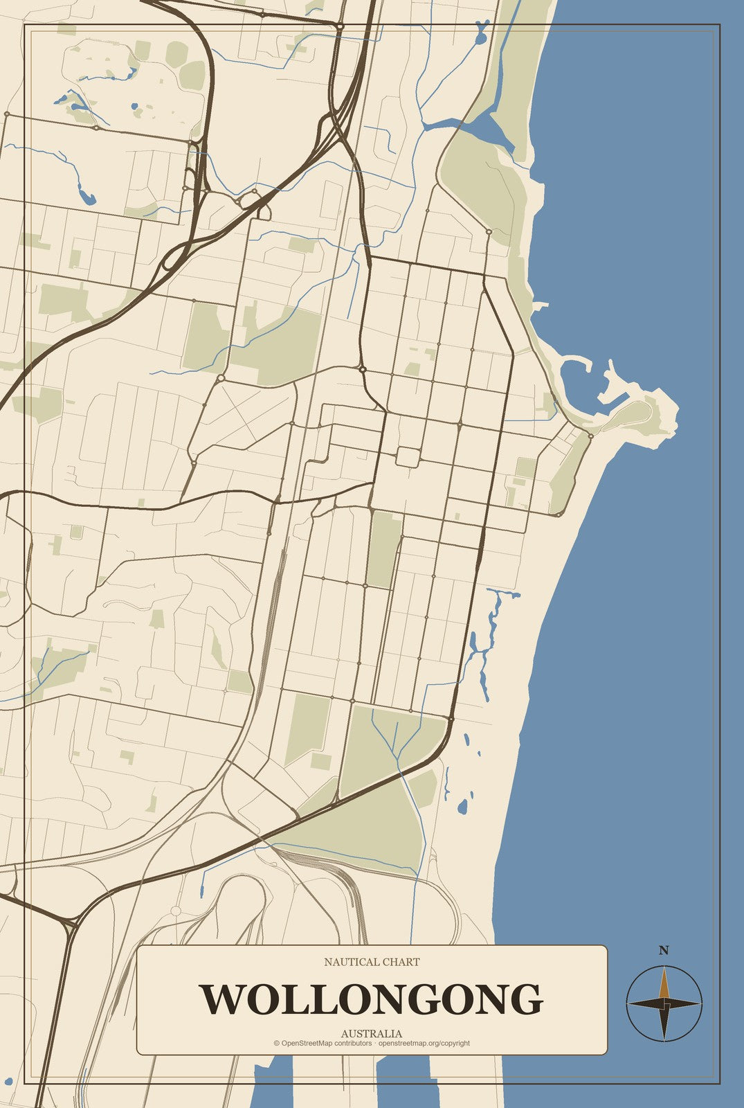 Wollongong, Australia City Map Aluminum Sign in Heritage Nautical style
