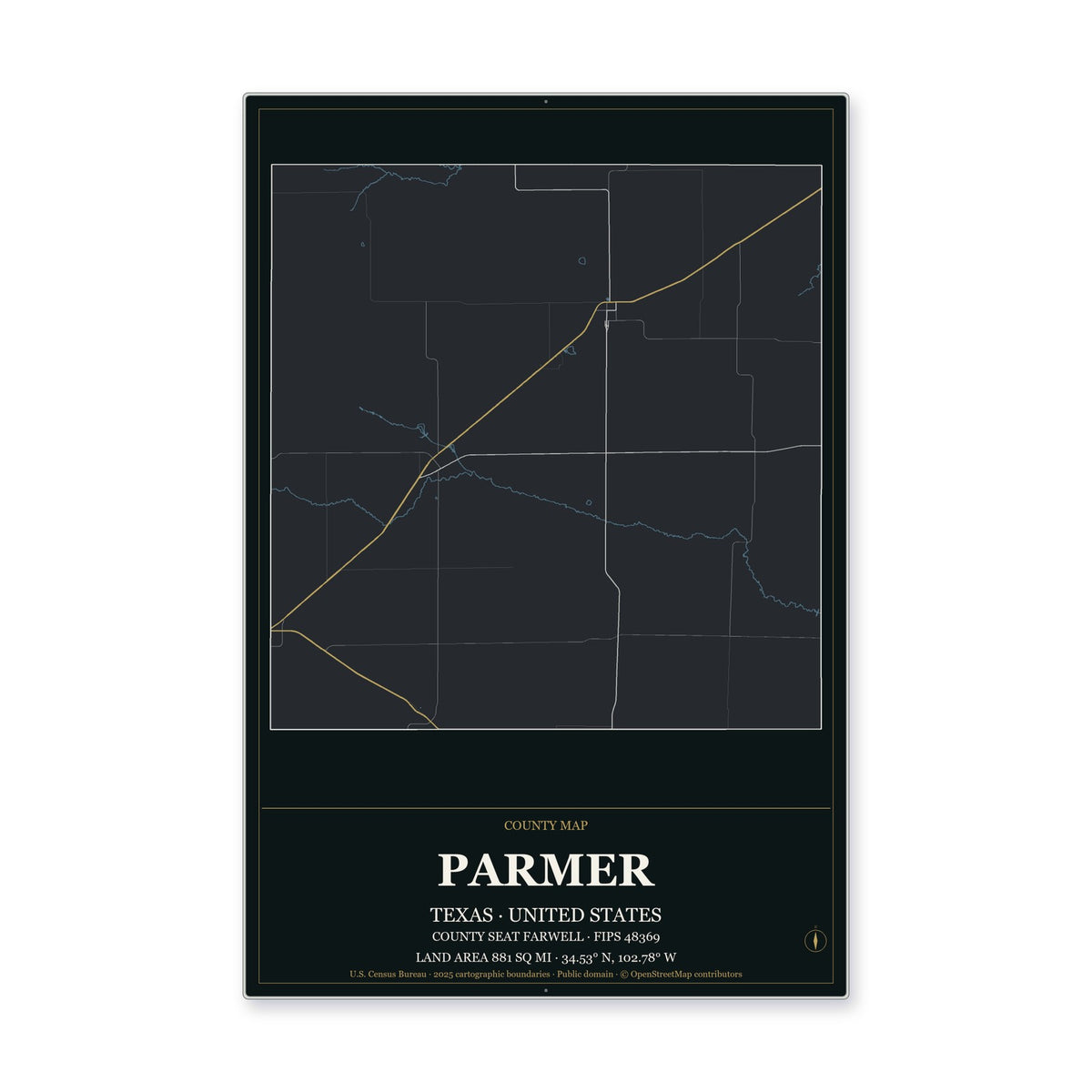 Parmer County, Texas Map Aluminum Sign in Metropolitan Noir style